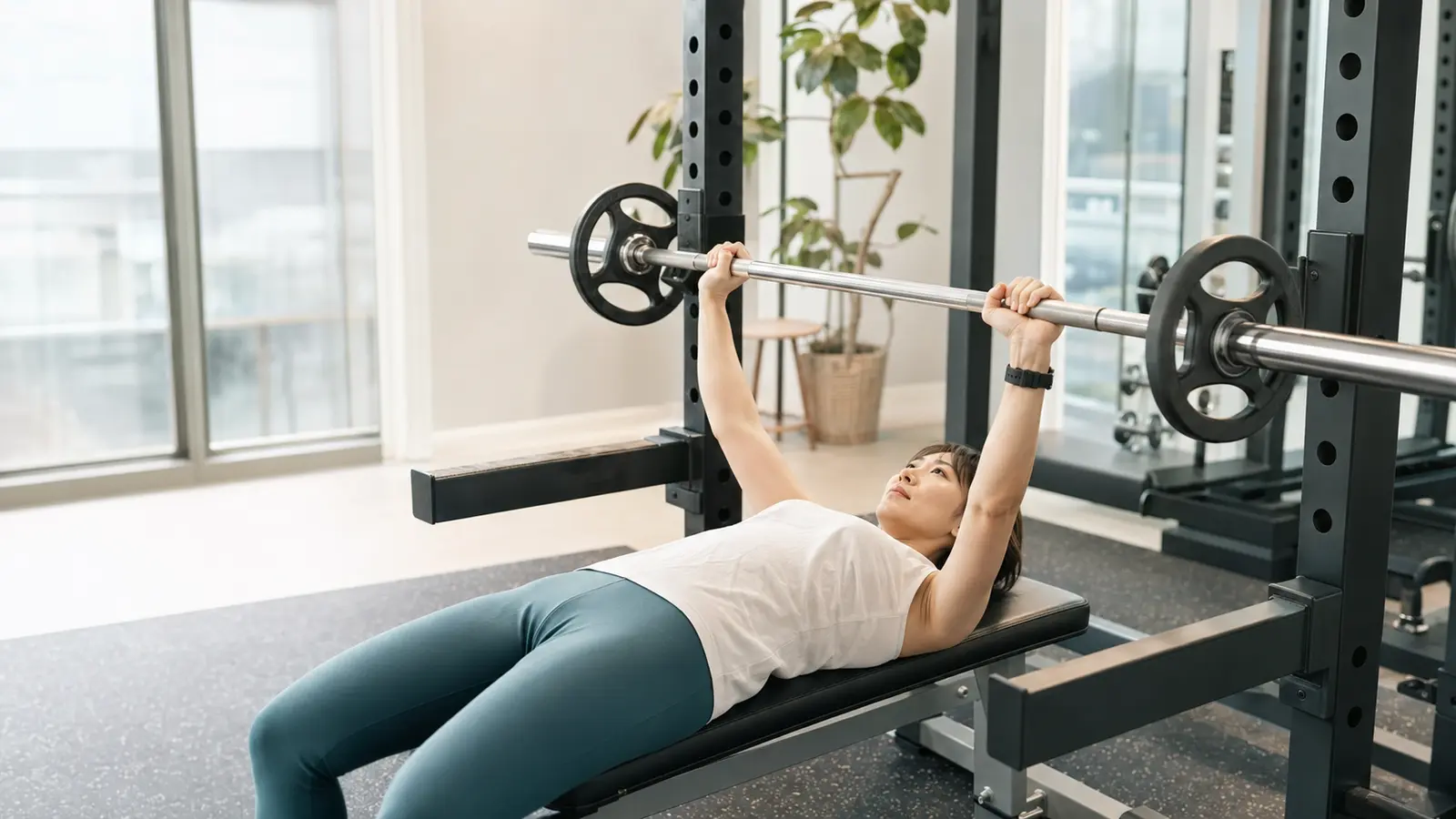 女性が安全なフォームでベンチプレスを行う様子