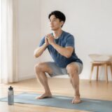 自宅でスクワットを行う男性