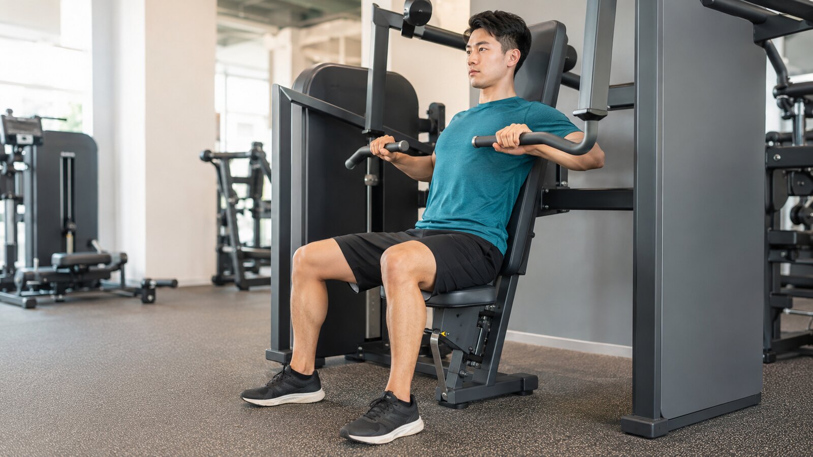 チェストプレスマシンで背中を背もたれにつけ開始姿勢をとる男性