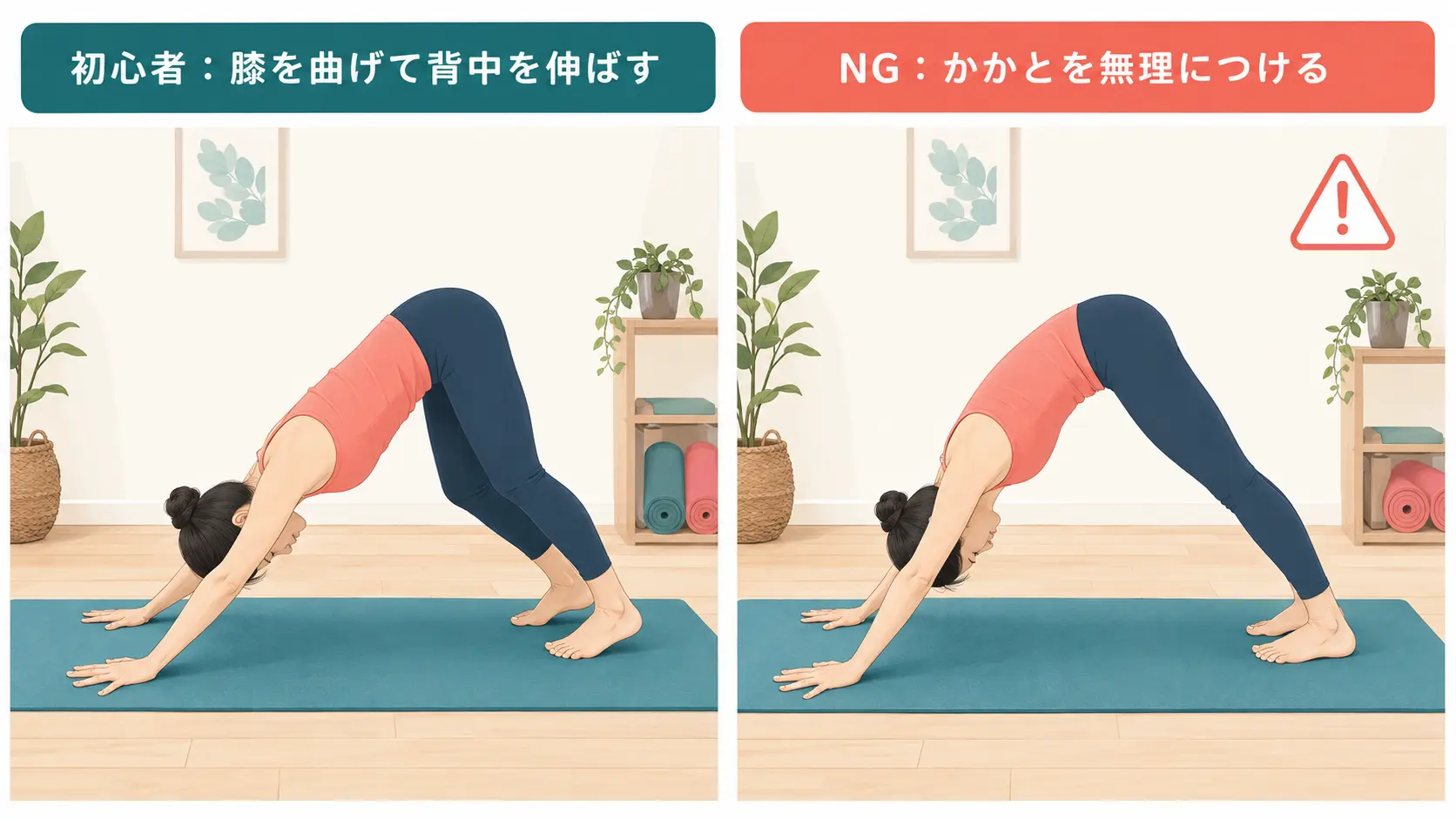 初心者が膝を曲げて背中を伸ばすダウンドッグと、かかとを無理につける例の比較