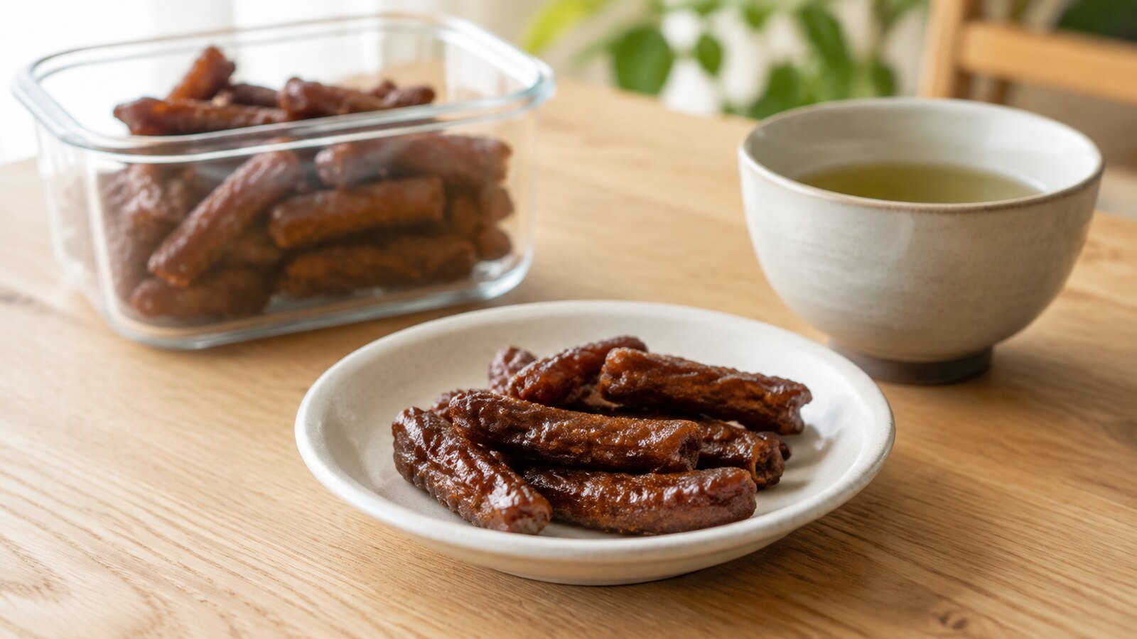 小皿に食べる分だけ取り分けた黒糖かりんとうと緑茶
