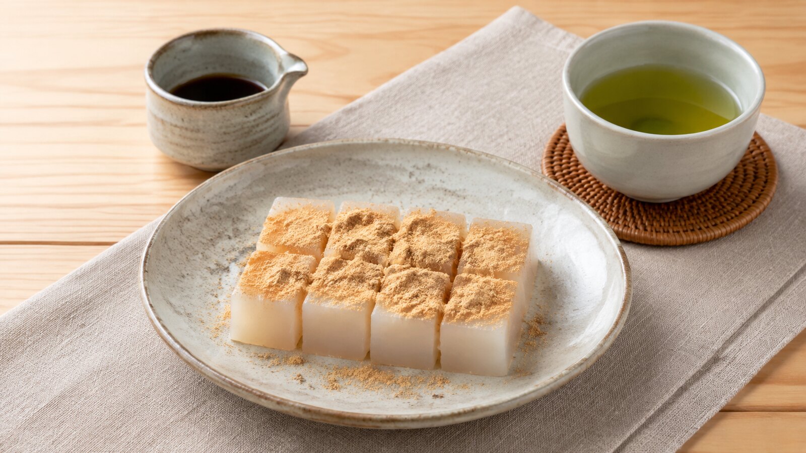 きな粉をかけた関東風くず餅8切れと黒蜜と無糖のお茶
