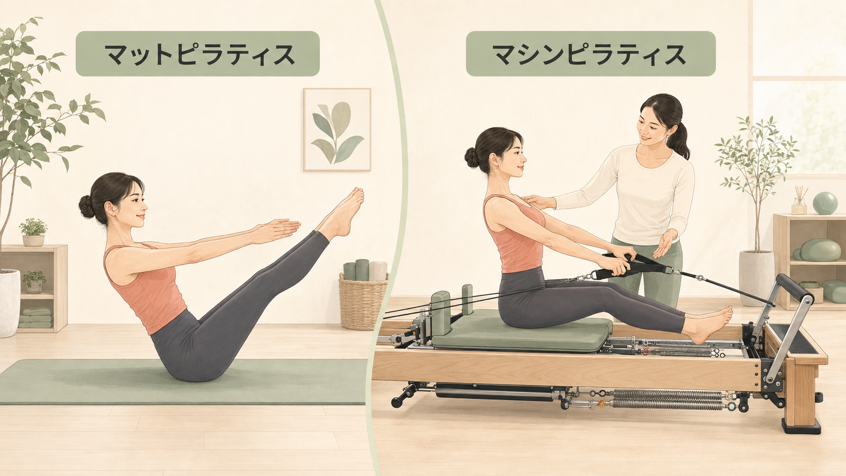 マットピラティスとマシンピラティスを比較したイラスト