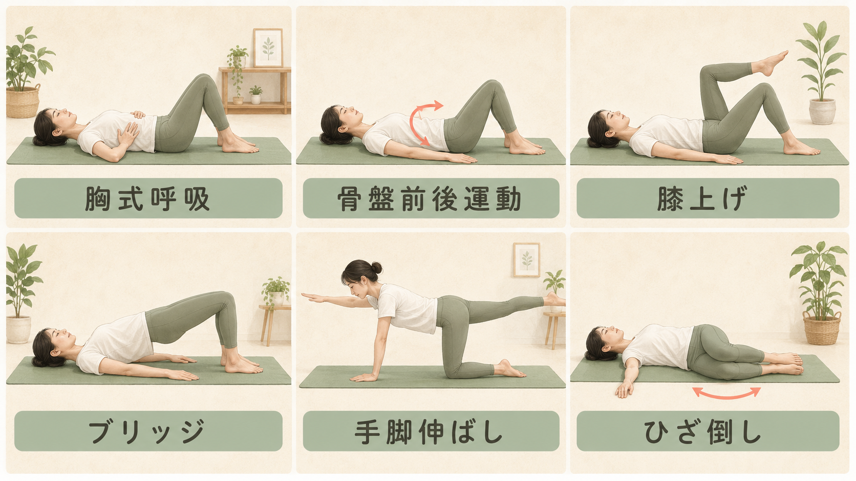 胸式呼吸・骨盤前後運動・膝上げ・ブリッジ・手脚伸ばし・ひざ倒しの図解