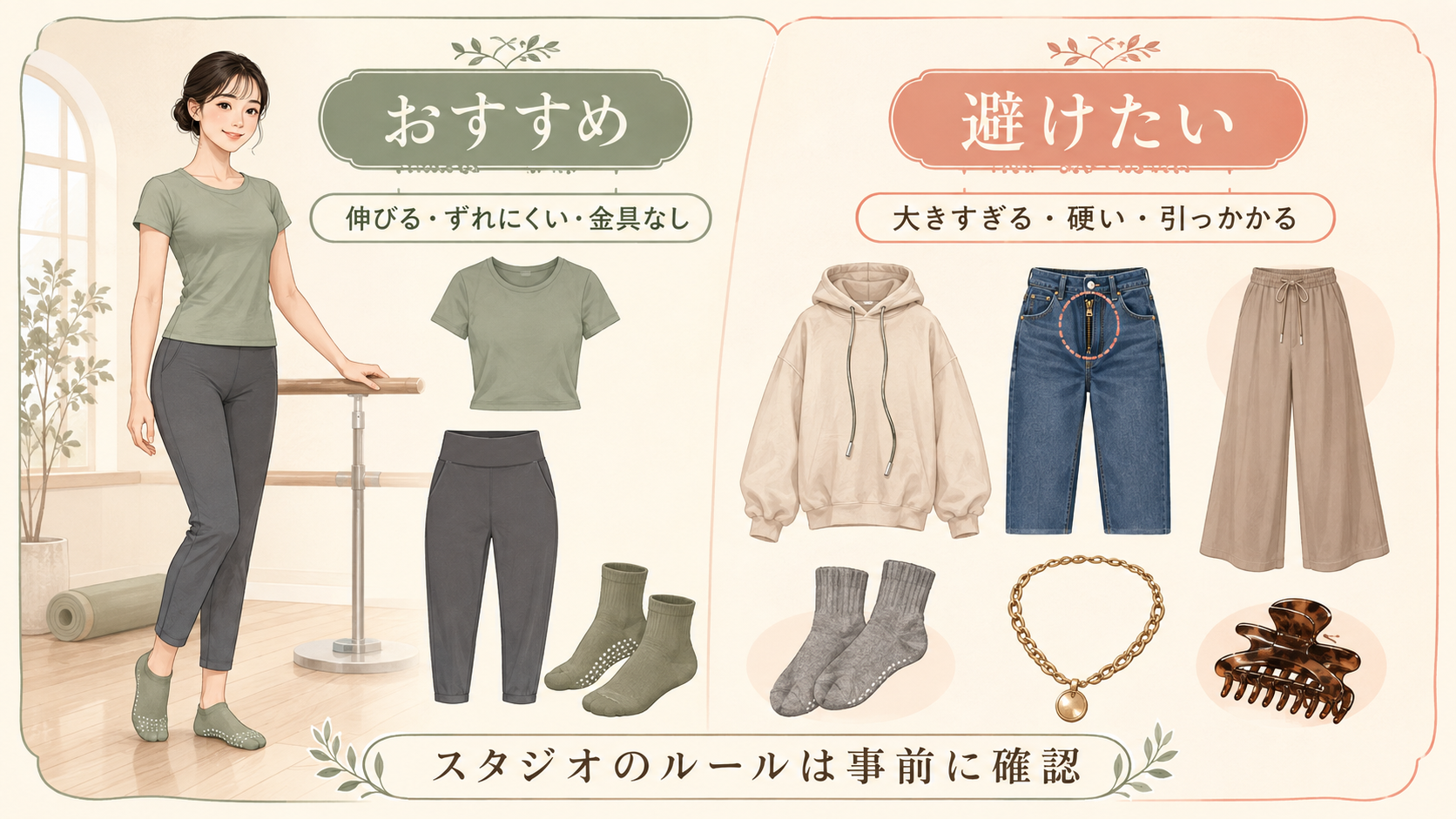 ピラティスにおすすめの服装と避けたい服装を比較したイラスト