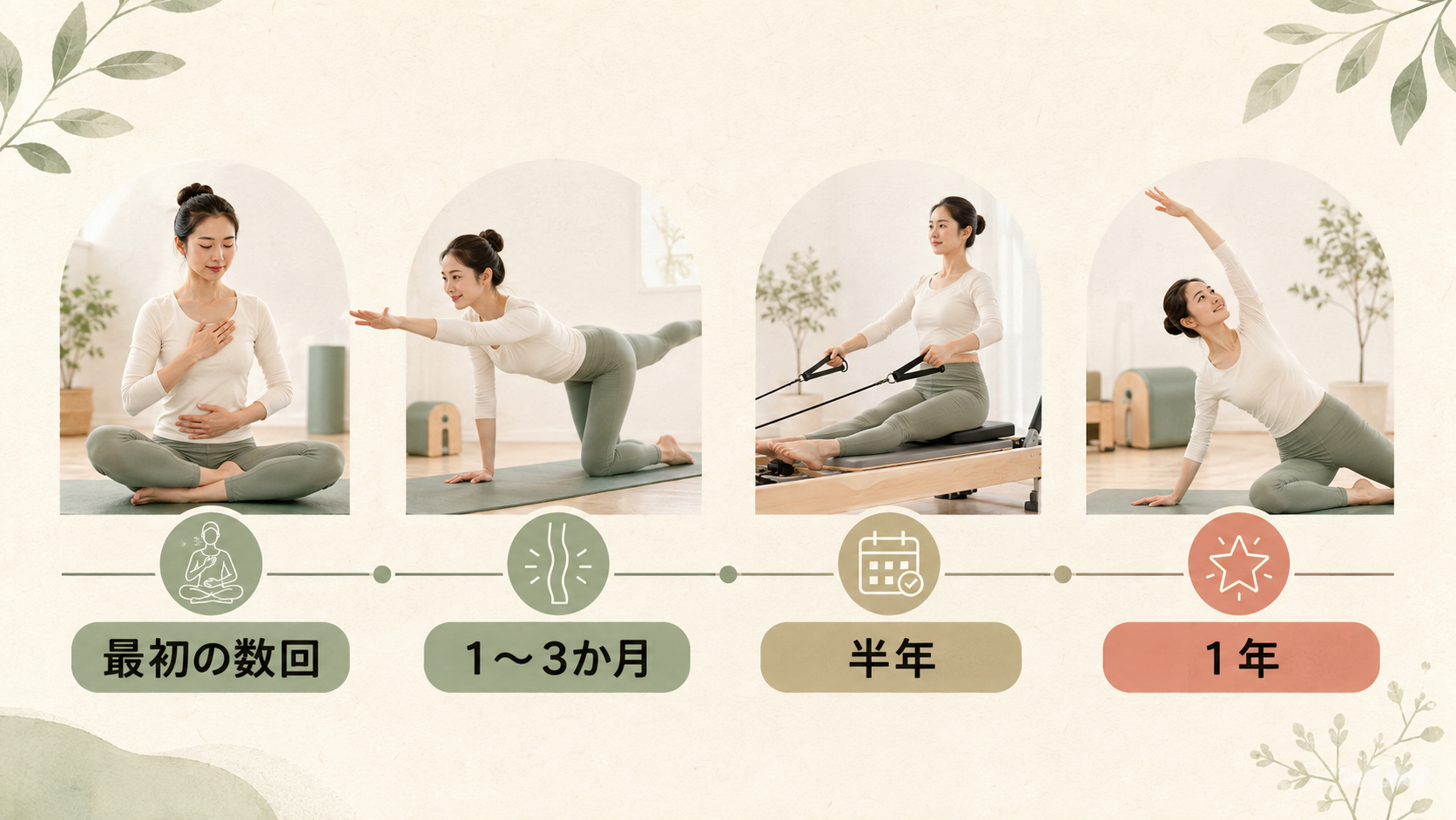 最初の数回・1〜3か月・半年・1年のピラティスの変化