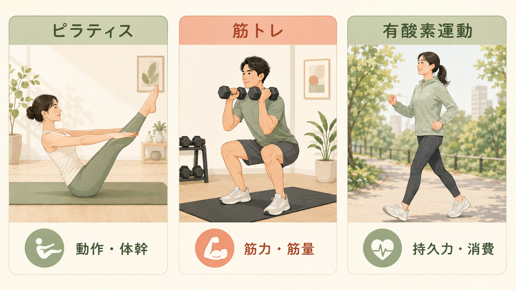 ピラティス・筋トレ・有酸素運動の役割を比較したイラスト