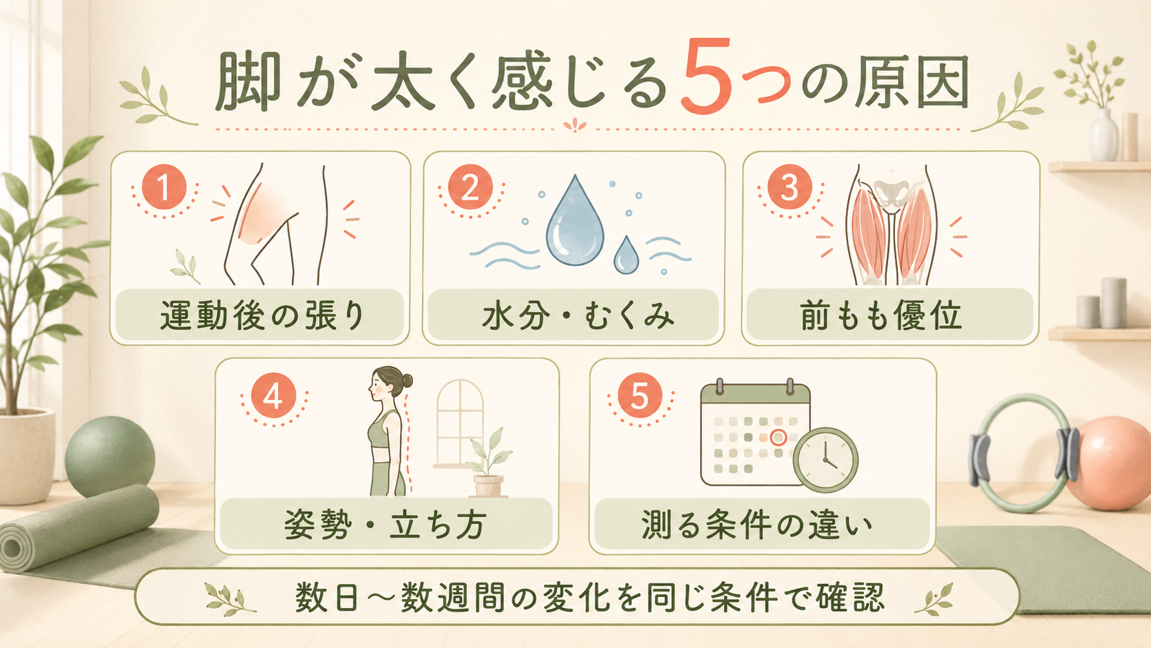 ピラティス後に脚が太く感じる5つの原因を示すイラスト
