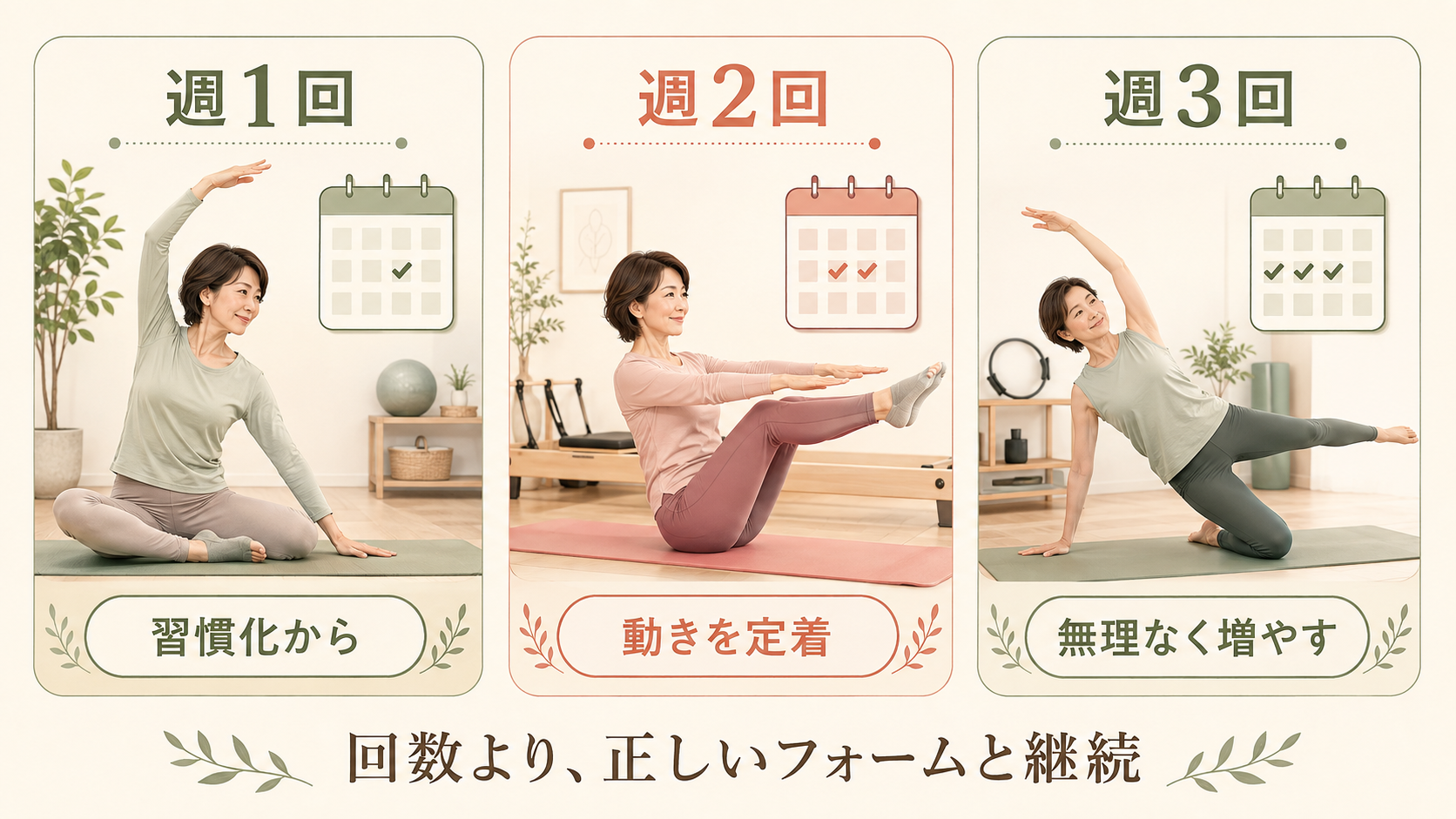 週1回・週2回・週3回のピラティス頻度を比較したイラスト