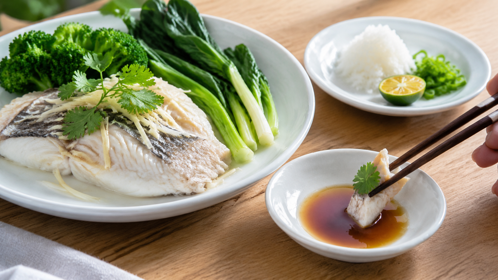 蒸し魚と野菜を少量のポン酢につけて食べる様子