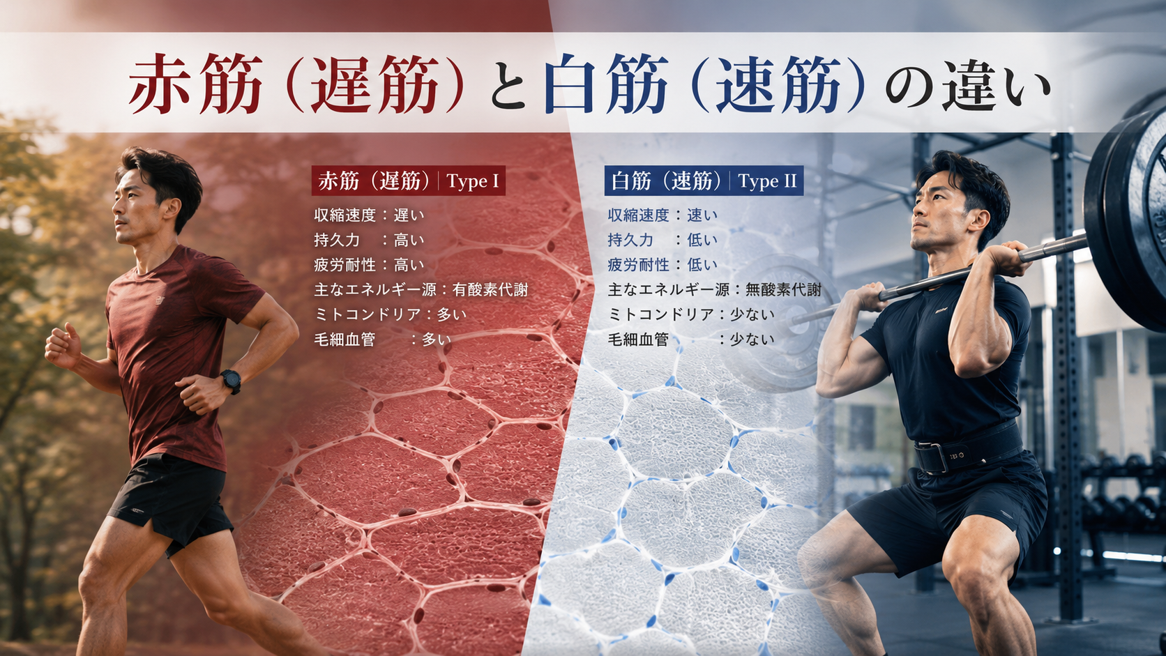 赤筋(遅筋)と白筋(速筋)の違いをランニングと筋トレで表した図