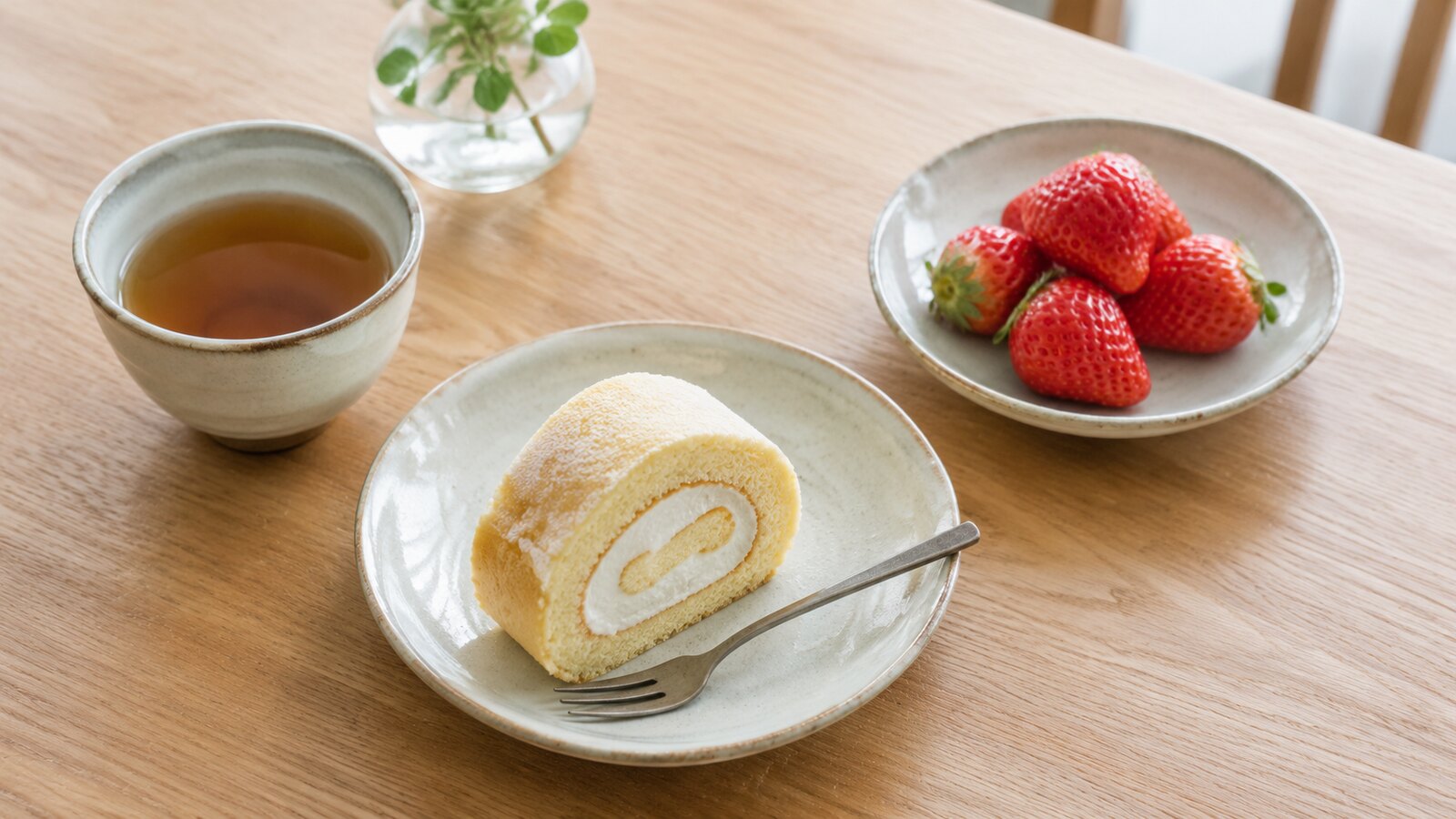 ロールケーキ1切れと無糖のお茶といちご
