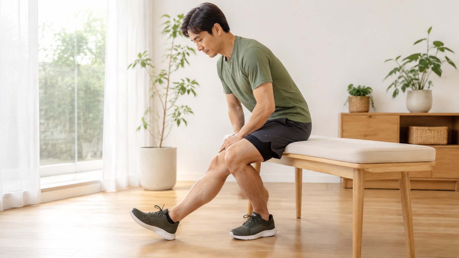 椅子に座って太ももの裏をゆっくり伸ばす男性