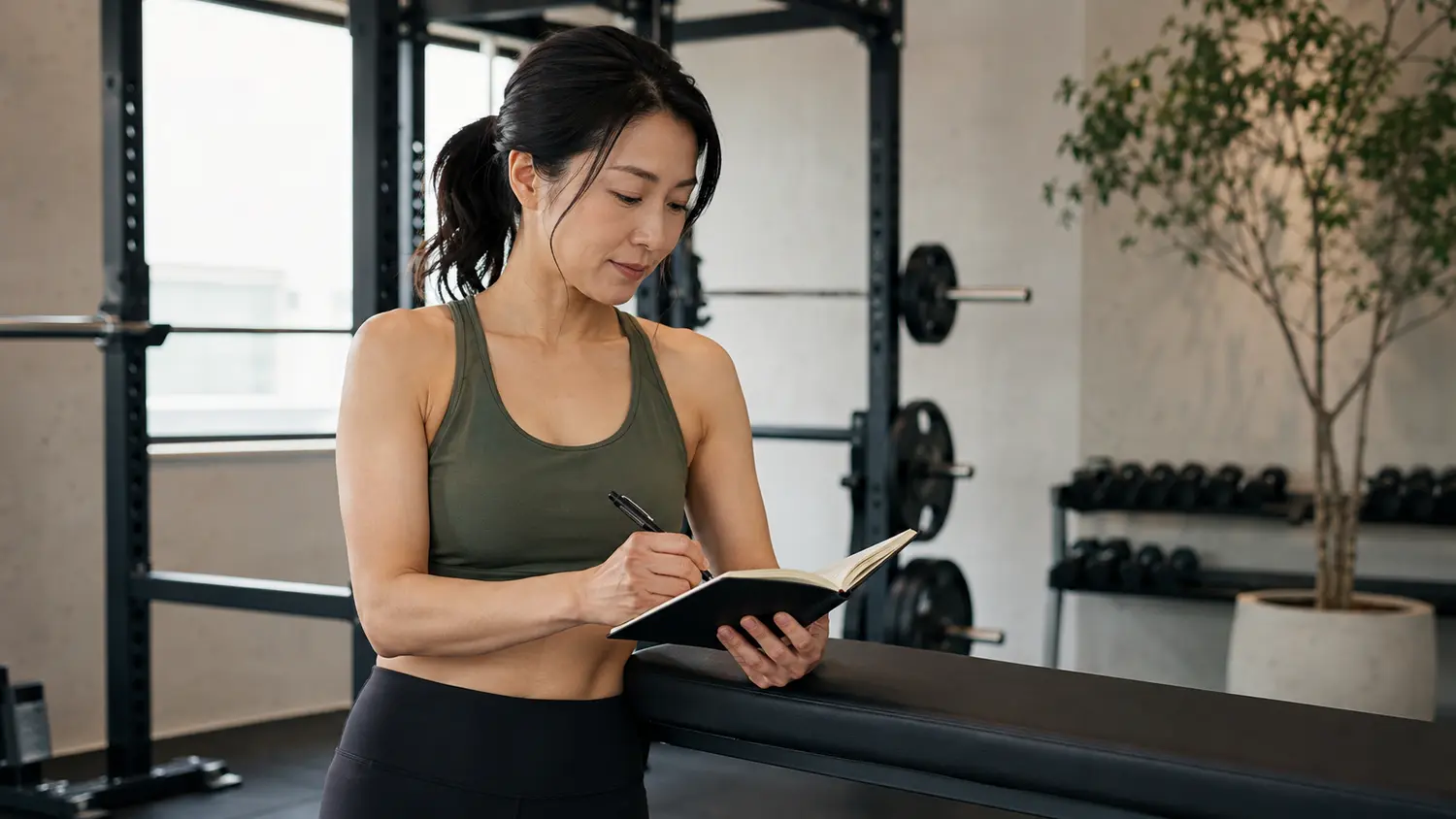 スクワットの回数とセット数を記録する女性