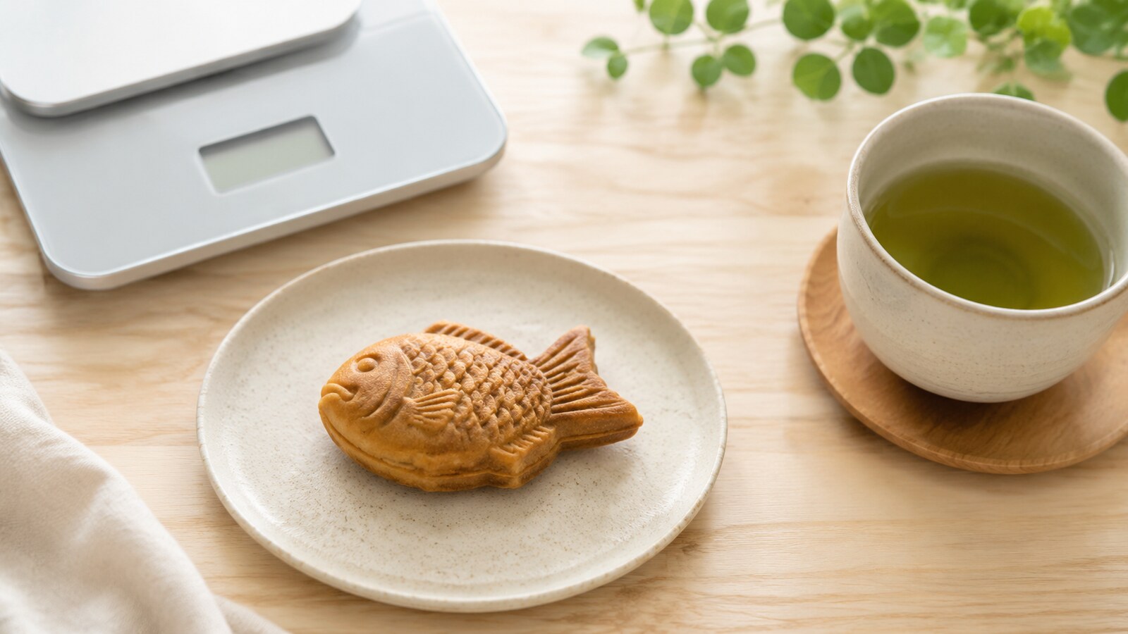 皿に取り分けたたい焼きと無糖の緑茶