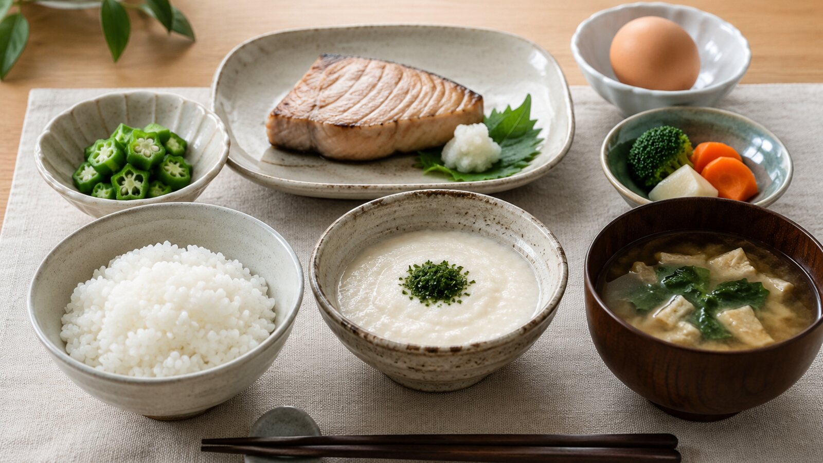 とろろとご飯、魚、卵、野菜を組み合わせた食事