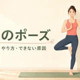 壁に手を添えてヨガの木のポーズを行う女性のイラスト