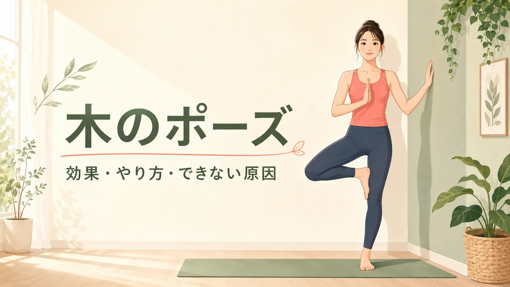 壁に手を添えてヨガの木のポーズを行う女性のイラスト