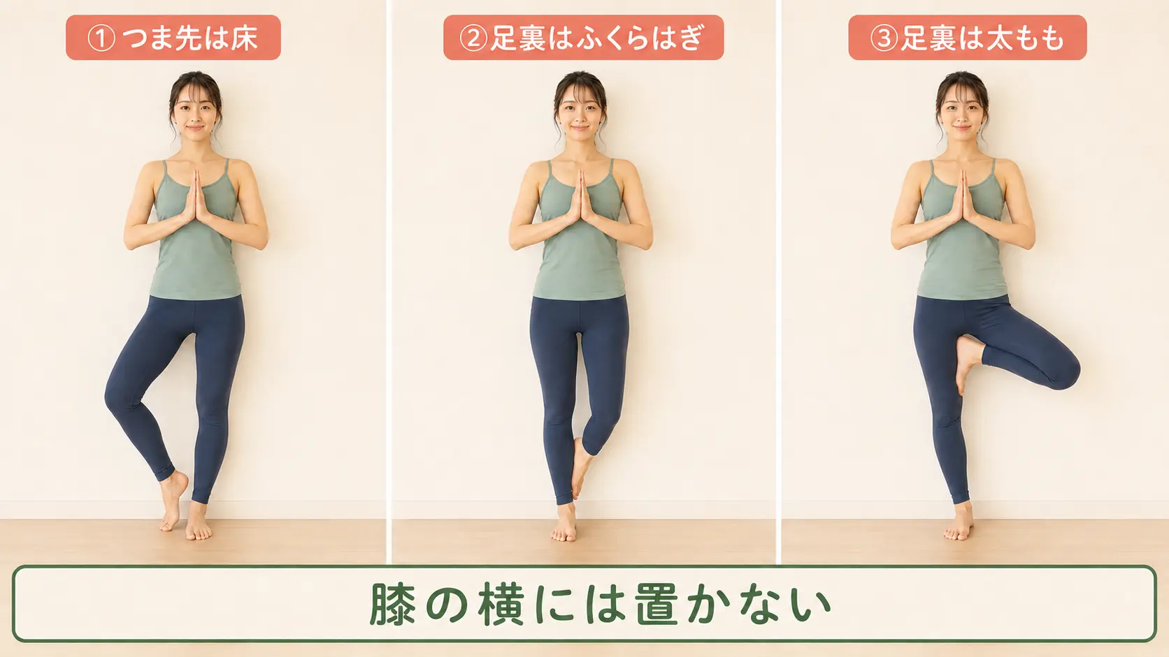 木のポーズでつま先を床、足裏をふくらはぎ、足裏を太ももへ置く3段階の比較