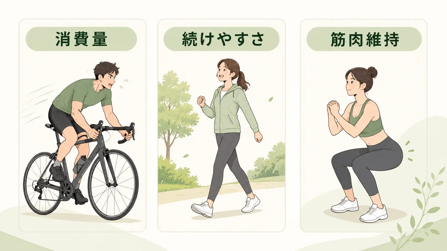 消費量・続けやすさ・筋肉維持で痩せる運動を選ぶ図