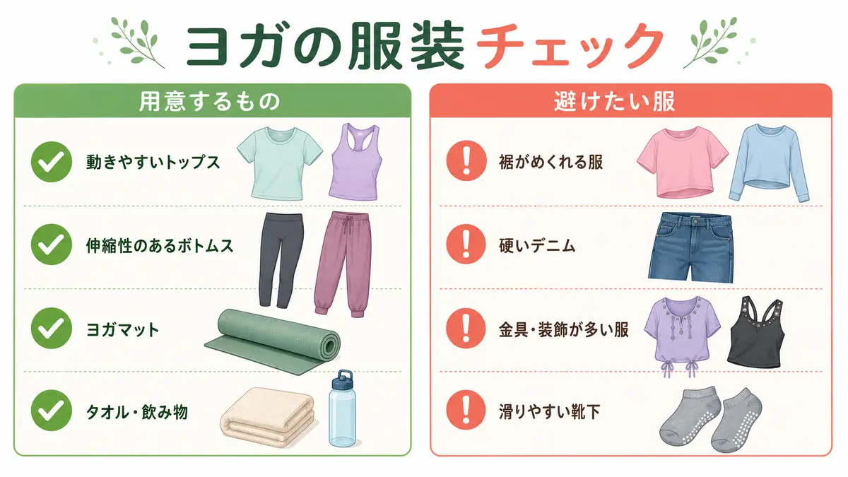 ヨガで用意するものと避けたい服の比較図