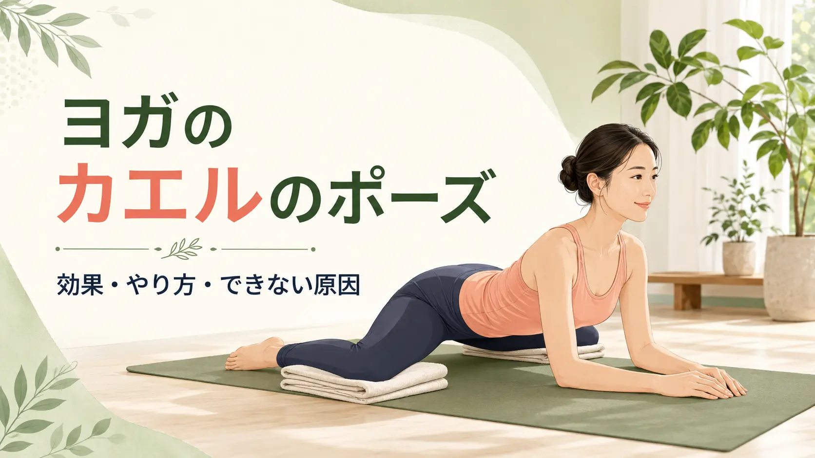 膝の下に毛布を敷いてヨガのカエルのポーズを行う女性のイラスト