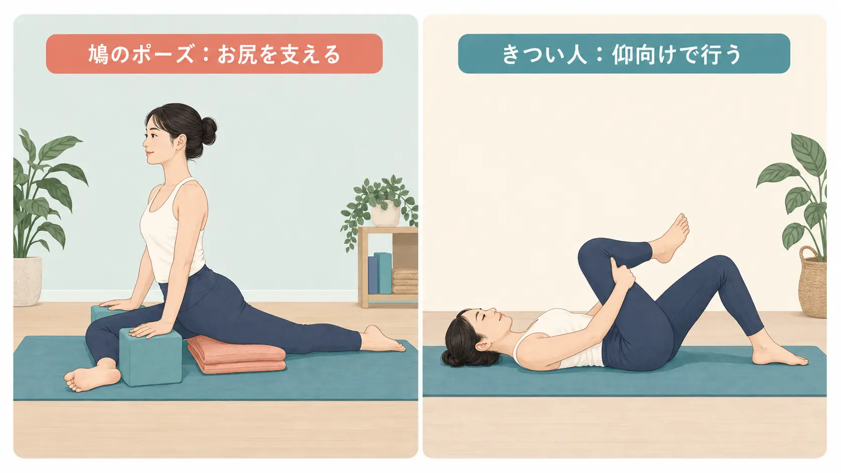 鳩のポーズでお尻を支える方法と仰向けで行う代替ポーズ