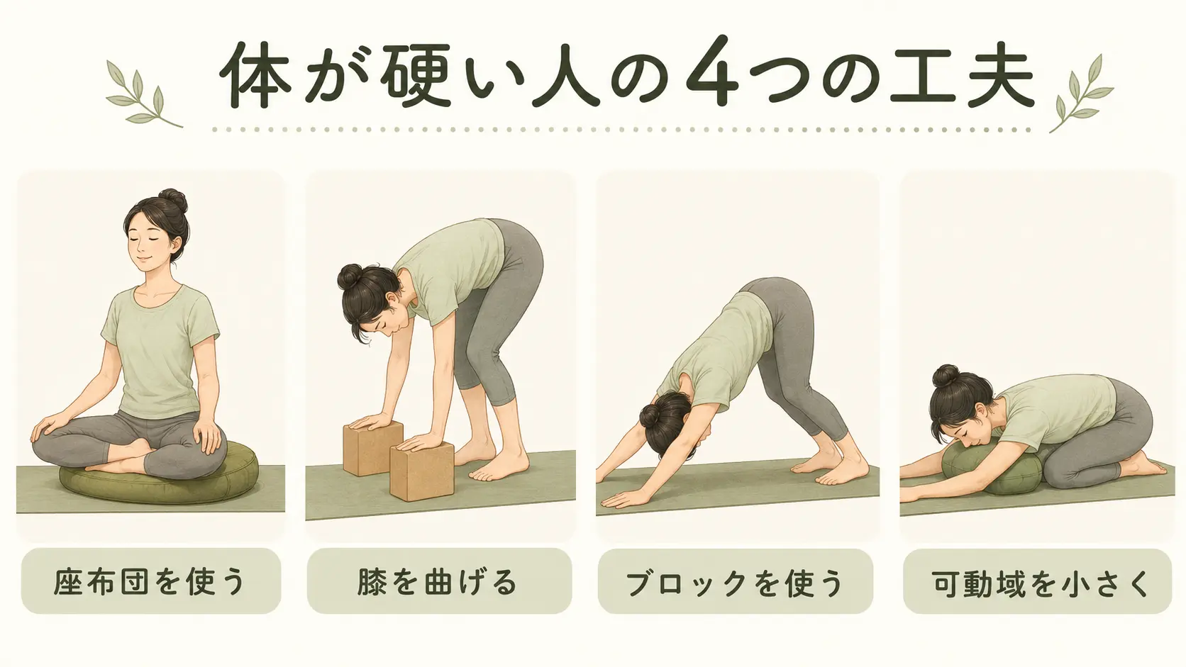 体が硬いヨガ初心者向けの座布団・膝曲げ・ブロック・小さい可動域の工夫