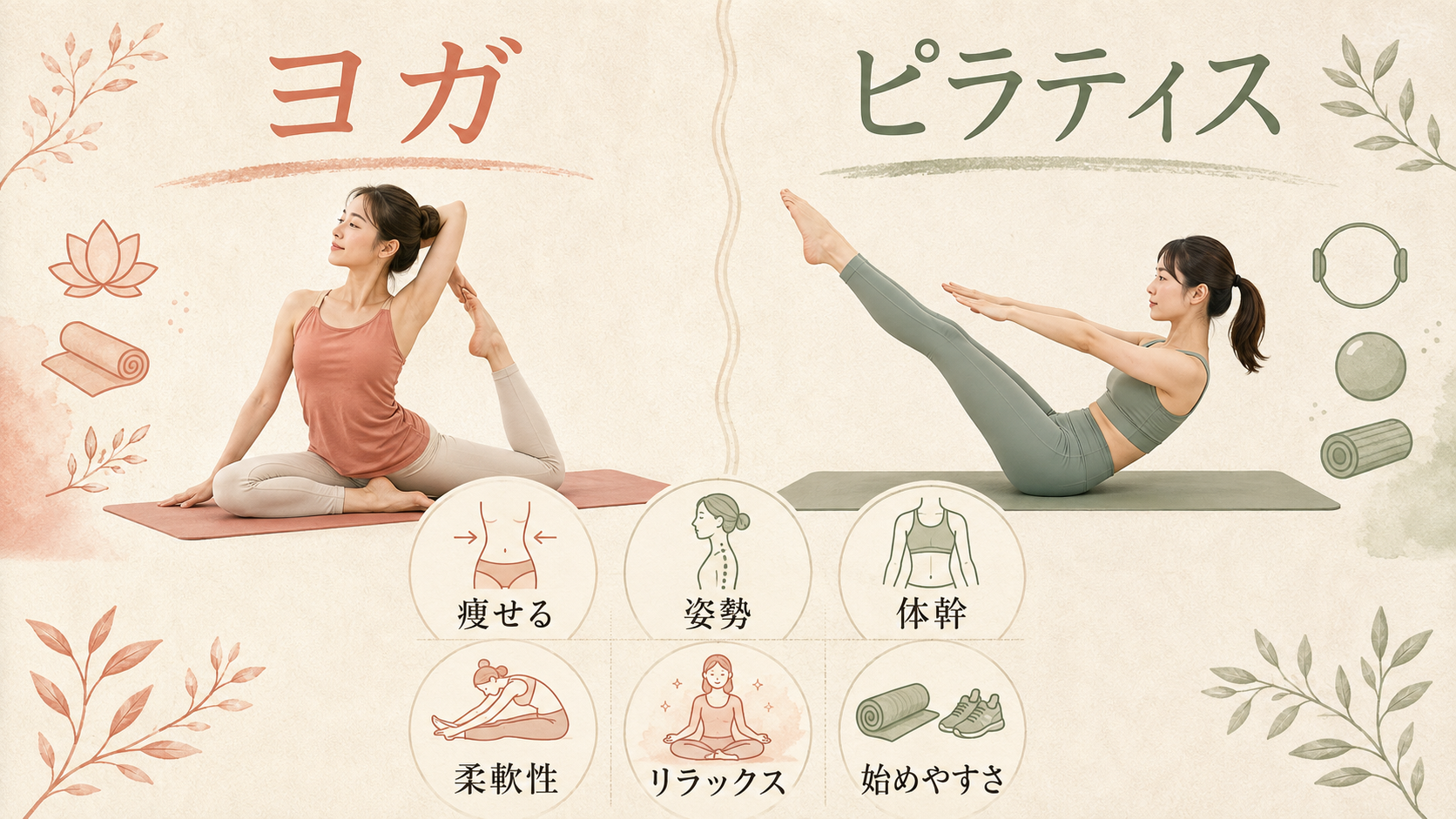 痩せる・姿勢・体幹・柔軟性・リラックス・始めやすさでヨガとピラティスを比較