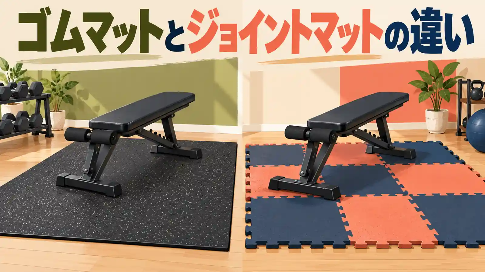 ゴムマットとジョイントマットの違い 一枚物ゴムマットとジョイントマットを比較するアイキャッチ