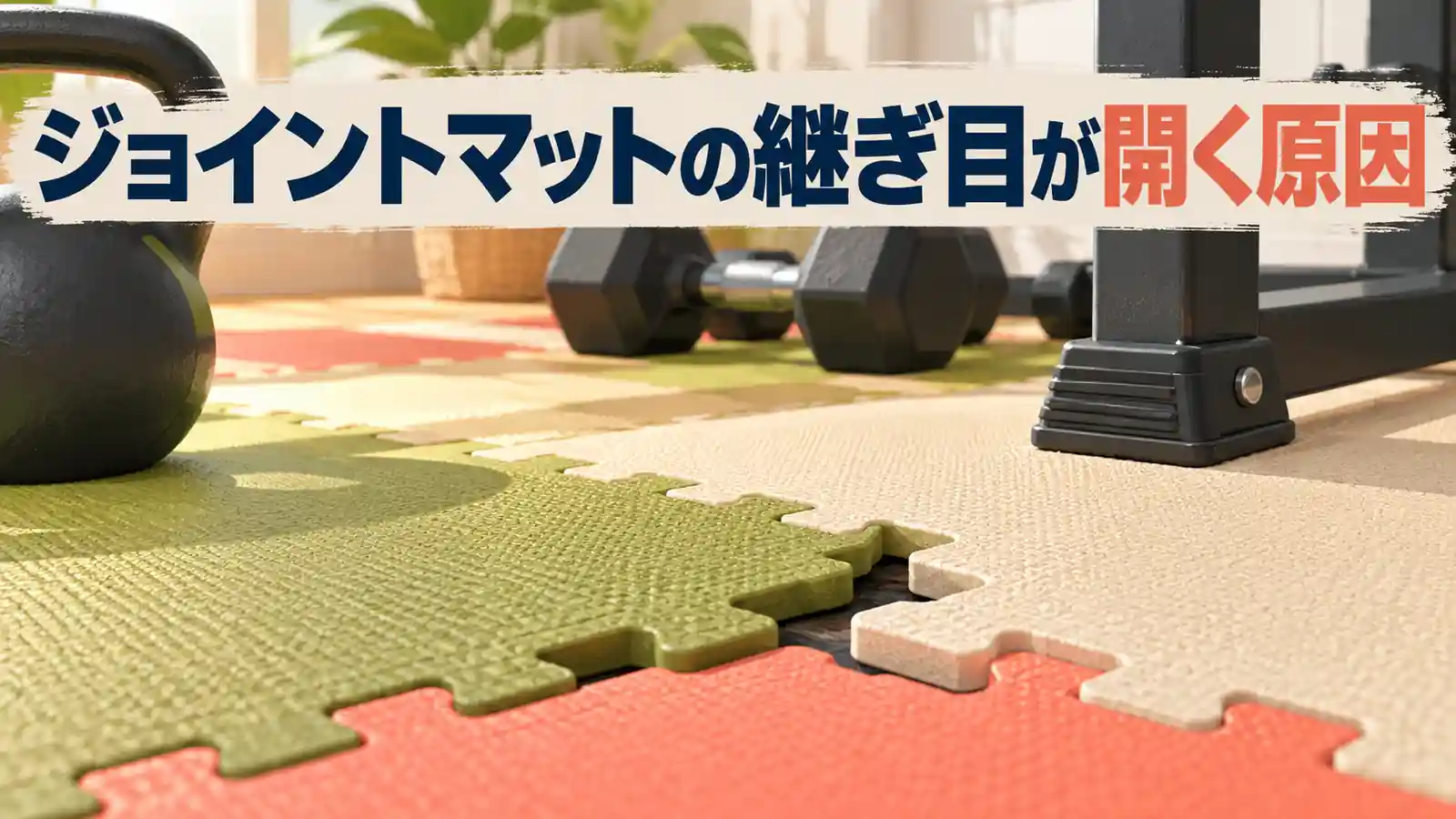 ジョイントマットの継ぎ目が開く原因を示す床材イラスト