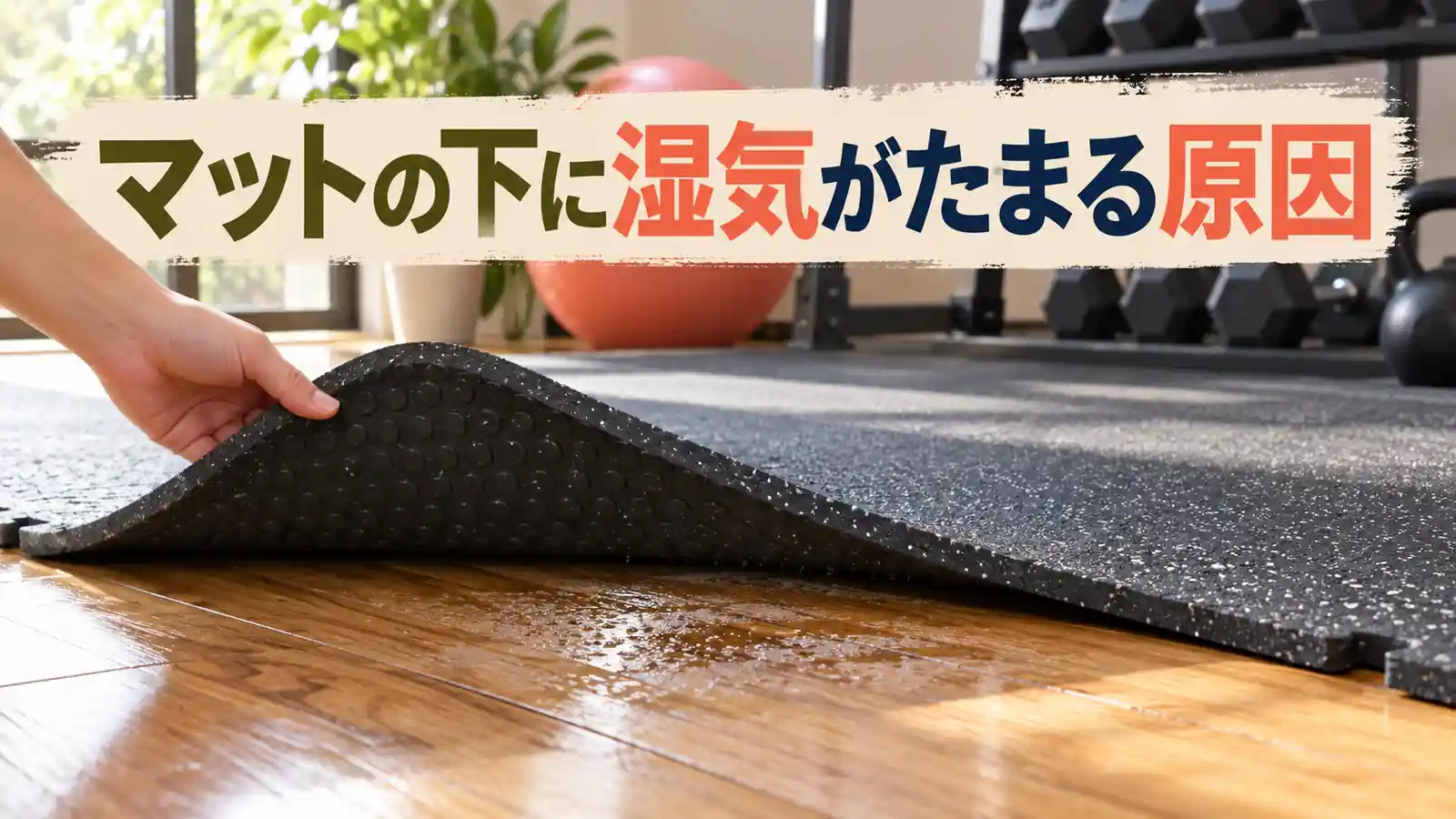 床保護マットの下に湿気がたまる原因|床面の確認と乾燥 床保護マットの下の湿気と床面を確認するイラスト