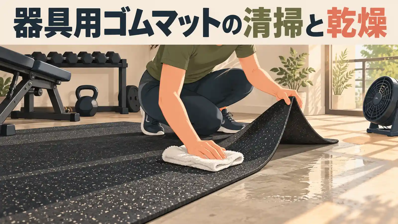 器具用ゴムマットの清掃と乾燥を示すイラスト