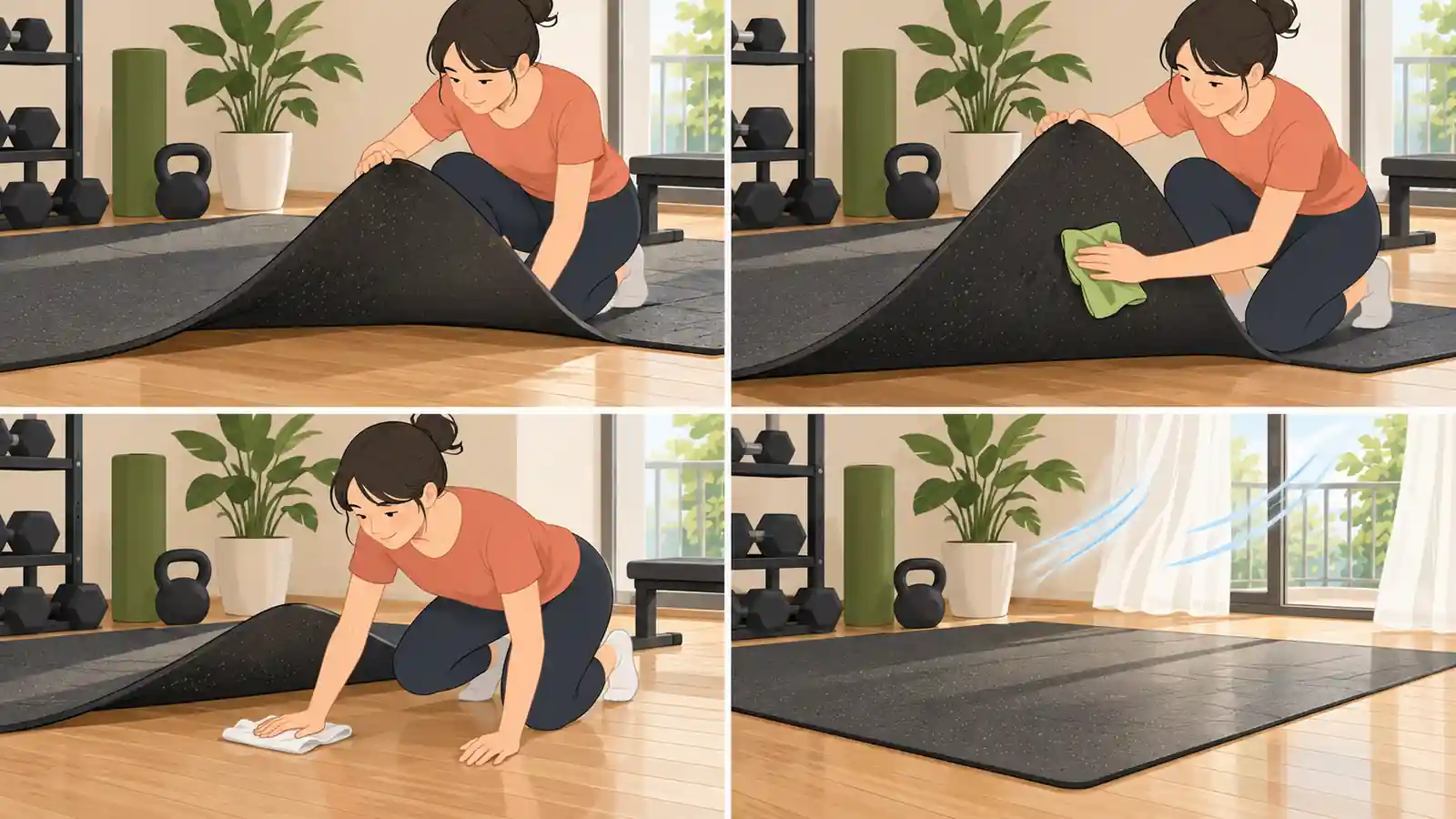 ゴムマット表面と裏面と床面を分けて手入れするイラスト