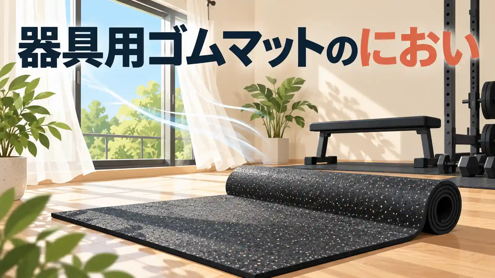 器具用ゴムマットのにおい|換気と使用前確認 器具用ゴムマットのにおいと換気を確認するイラスト