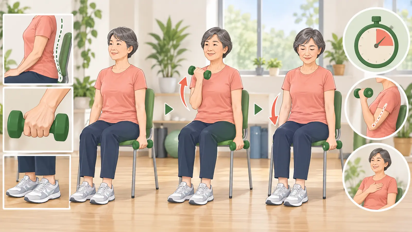 椅子に座ってアームカール回数を測定する場面