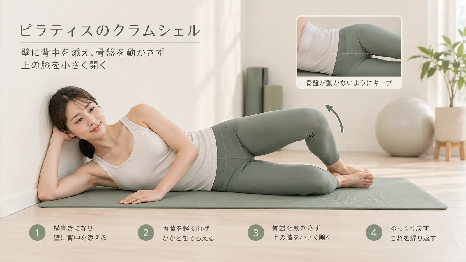 壁に背中を添えて骨盤を安定させるクラムシェル