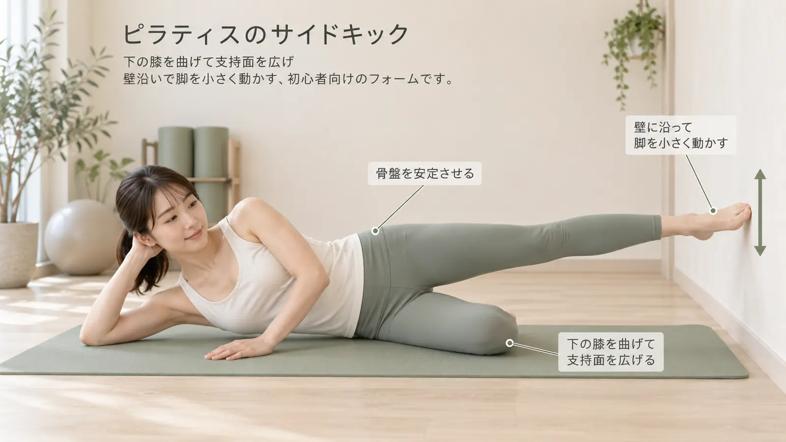 下の膝を曲げて壁沿いで脚を動かすサイドキック