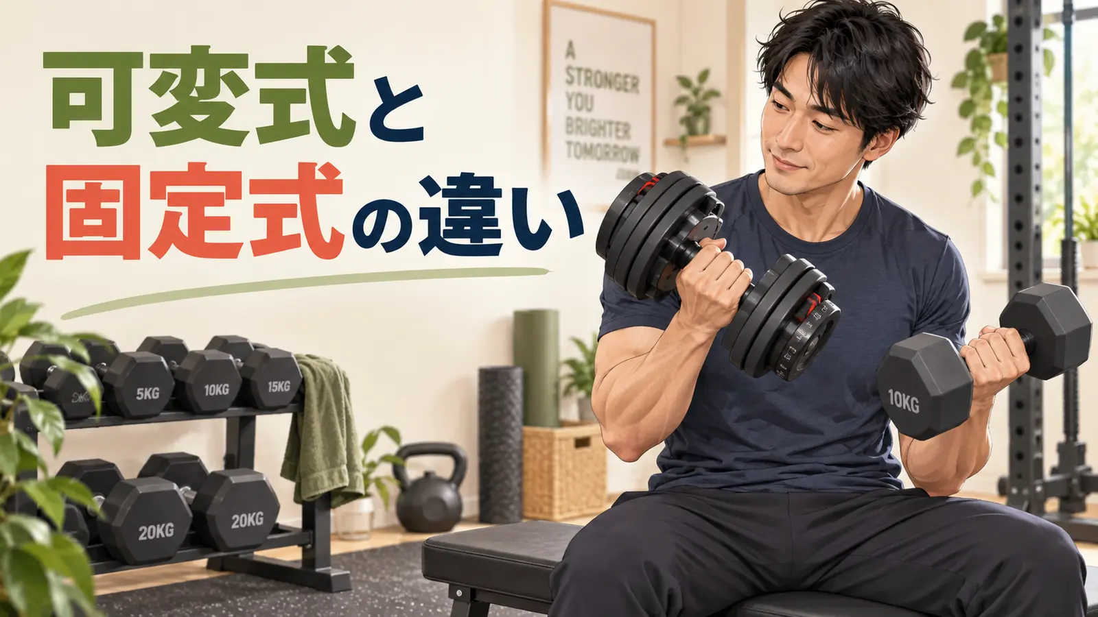 可変式と固定式ダンベルを比較するアイキャッチ