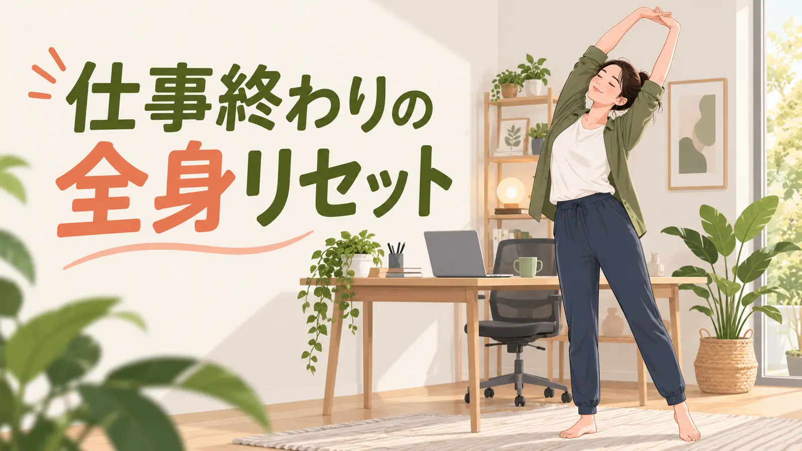 仕事終わりに全身を伸ばす女性