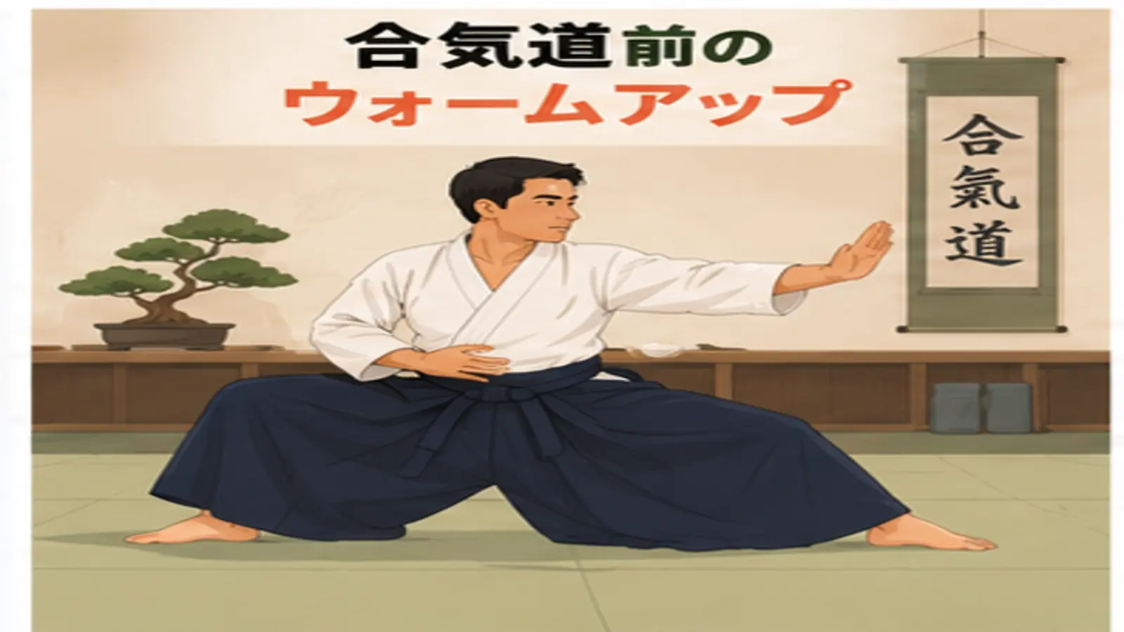 合気道前にウォームアップする人物のイラスト