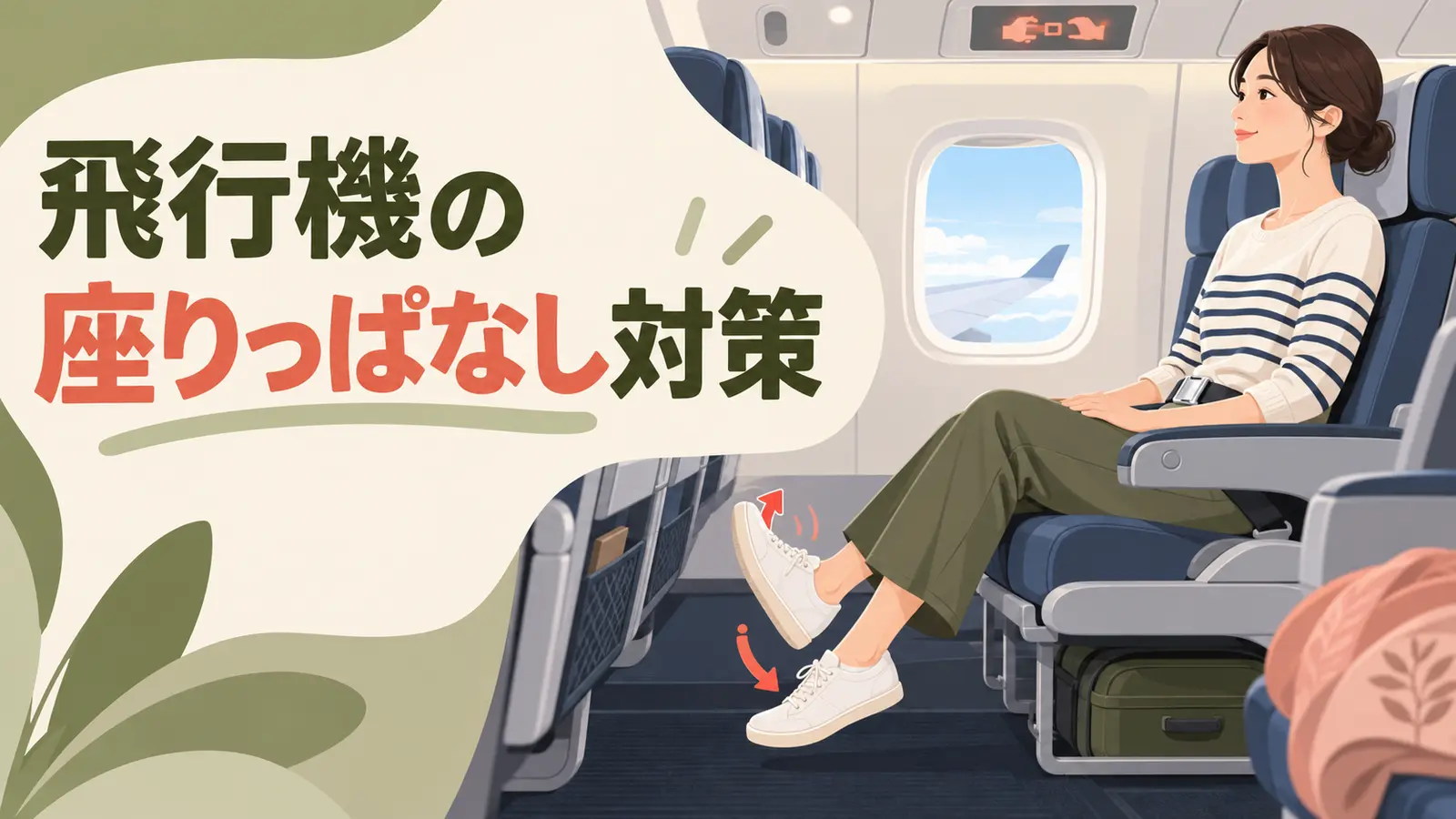 飛行機の座席で足首を動かす旅行者