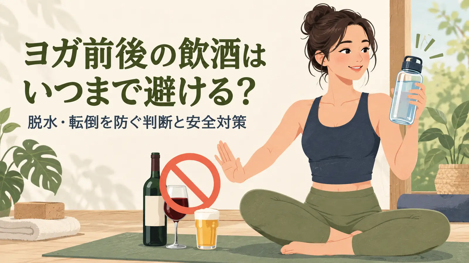 ヨガ前の飲酒を避け水を選ぶ様子