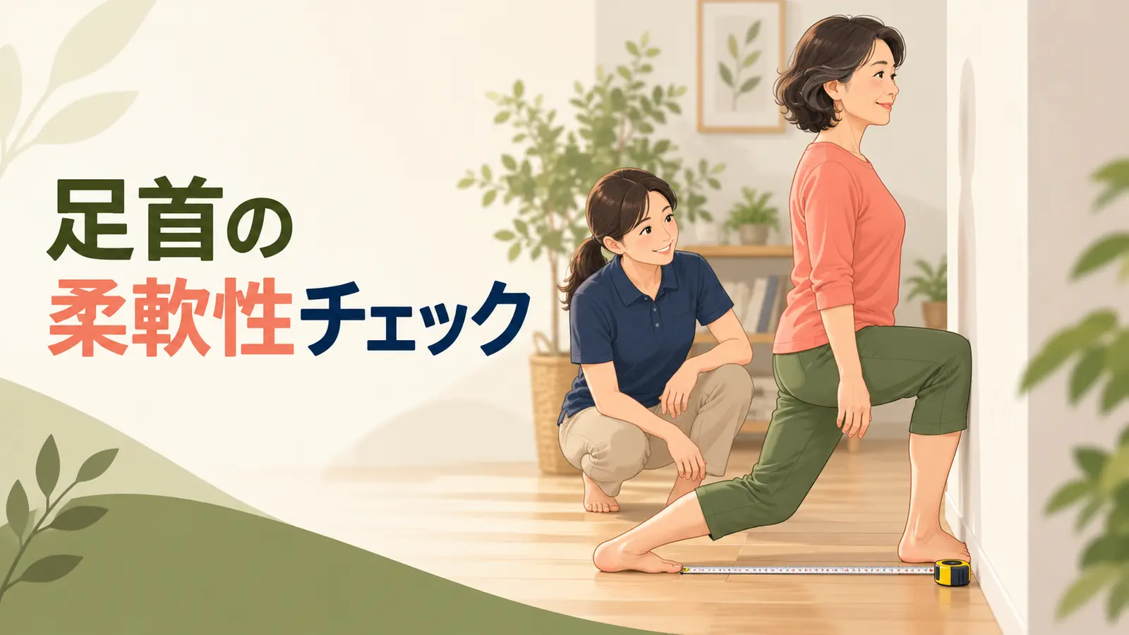 壁に膝を近づけて足首を測る人物