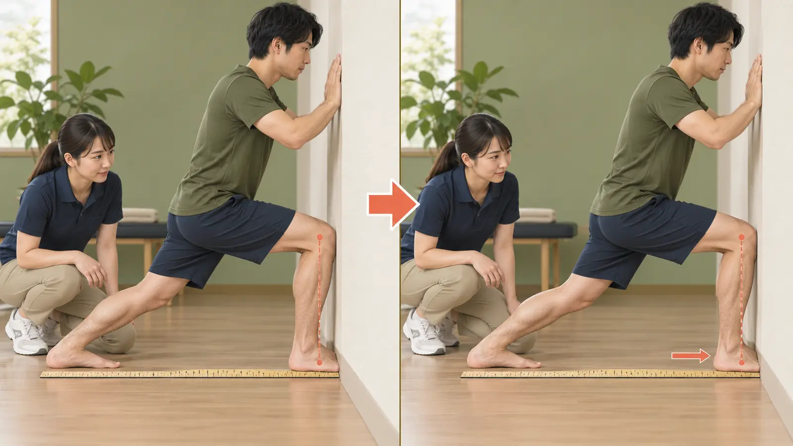 かかとを床につけた足首柔軟性の測定図