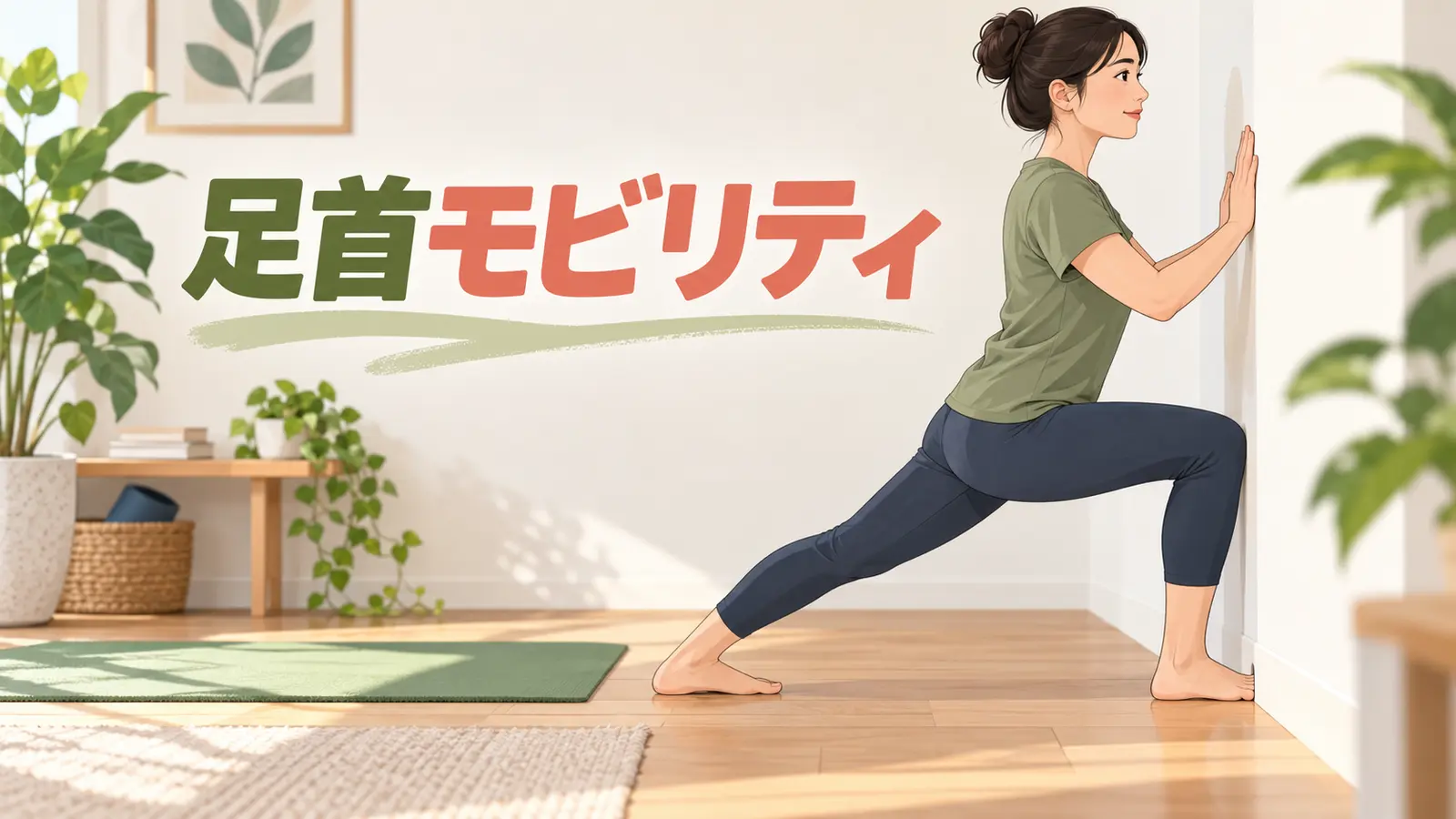 壁を使って足首の曲がりやすさを確認する人物