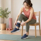 椅子に座ってアンクルウェイトを装着する女性