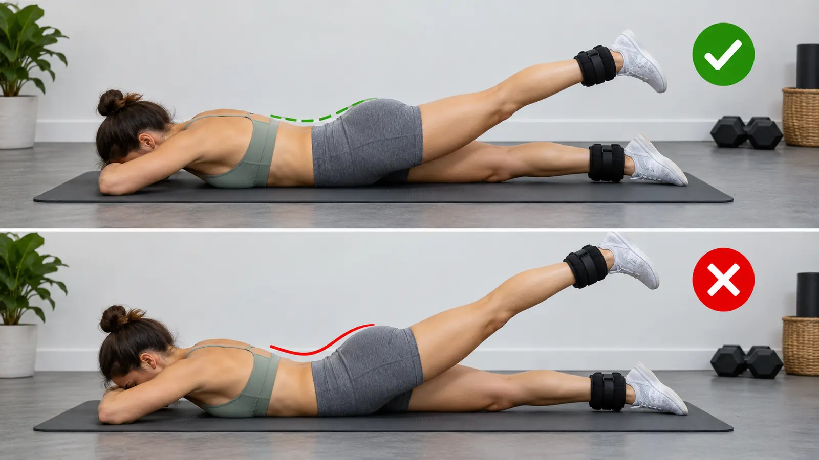ankle-weight-prone-hip-extensionの正しいフォームと注意例