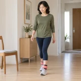 軽いアンクルウェイトで短く歩行を試す女性
