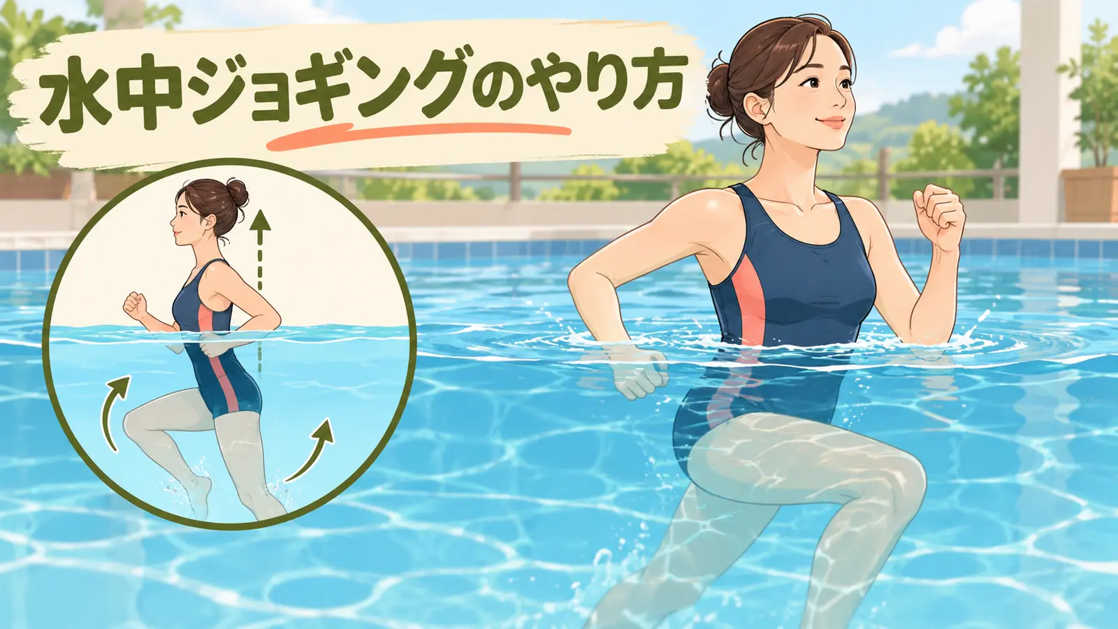 水中ジョギングのフォームを示す利用者